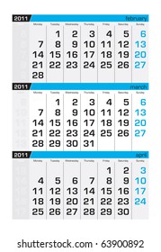 Three-month calendar,march 2011