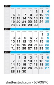 Three-month calendar,october 2011
