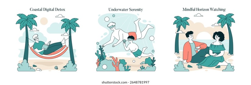 Three-part vector illustration showing diverse relaxation activities: reading in a hammock by the beach, swimming underwater amidst coral, and a couple enjoying a serene sunset by the shore.