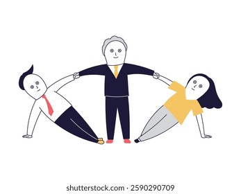 A three-person business team demonstrating good teamwork through group gymnastics