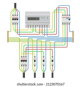 Three-phase network energy meter connection diagram. Vector illustration.