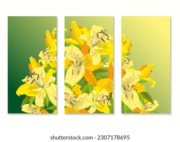 Three-piece modular painting template with yellow lilies on a gradient yellow-green background for interior decoration