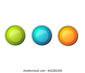 Three-piece outfit button collection consisting of green, blue, orange ones on the white field with modern vector illustration
