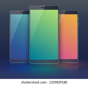 Three-piece outfit smartphone collection on the black field with modern identic cellphones but with blue green and orange colored digital blanks touchscreen vector illustration