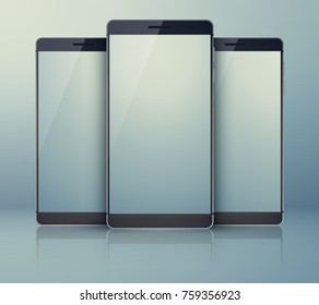 Three-piece outfit smartphone collection on the grey background with modern identic cellphones and with shadows on their light digital blanks touchscreens vector illustration