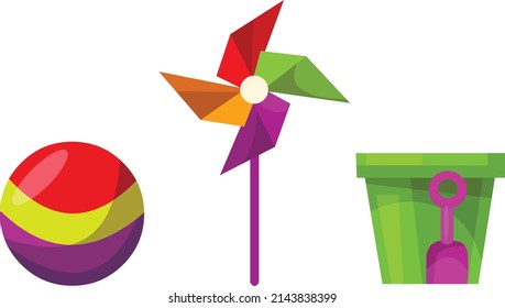 three-piece set of children's toys: a spinner on a stick, a ball, a bucket with a sand scoop