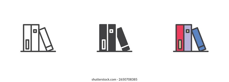 Three-ring binder folder or file organizer icon set. Includes outline, solid and colorful filled outline styles. Office, filing and education vector symbol.