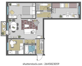 Three-room apartment in top view. Floor plan with furniture placement. The interior design project. Architectural plan of russian standard khrushchevka. Home with kitchen and bedroom. Vector
