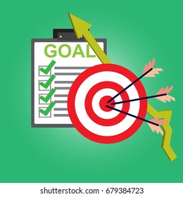 Threes arrow hitting goal target of business concept - Goal Solution Concept with green arrow and check list with illustrator simple design