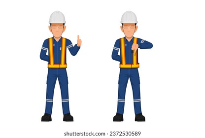 Threes industrial worker are raising hand sign thumbs up and thumbs down