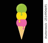 Three-scoop ice cream cone icon. Vector illustration.