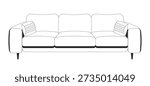 Three-seater sofa with cushions 2D line object. Living room, lounge area couch with throw pillows. Stylish interior cozy seating isolated clipart vector ink outline item. Monochrome spot illustration