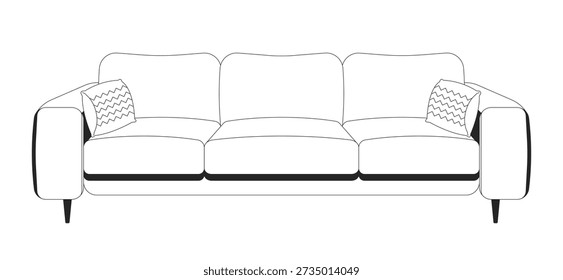 Three-seater sofa with cushions 2D line object. Living room, lounge area couch with throw pillows. Stylish interior cozy seating isolated clipart vector ink outline item. Monochrome spot illustration