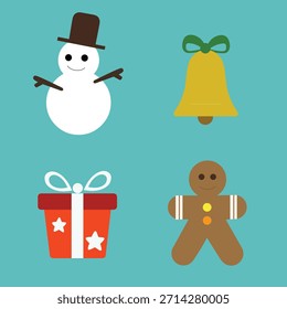 ​Snowman A three-section white snowman wearing a black top hat, with a simple smiling face and thin stick arms.
​Bell A large, golden-yellow bell with a green ribbon and bow at the top.
​GiftPresen