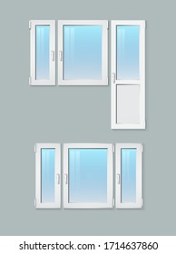 Three-section window with and without a door. Vector illustration
