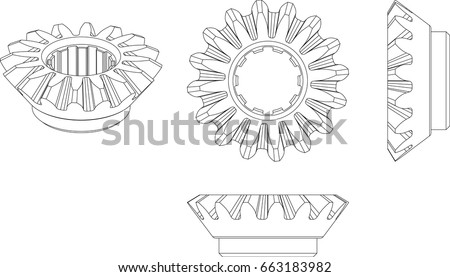 Three-sided view and isometrics of a Bevel Gear. Vector line illustration.