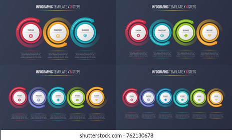 Three-six steps infographic process charts with circular arrows. 3-6 options vector templates for presentations, data visualization, layouts, annual reports, web design.