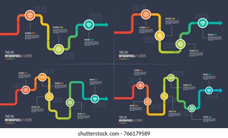 Three-six steps timeline or milestone infographic charts. 3-6 options vector template for presentations, data visualization, layouts, annual reports, web design.
