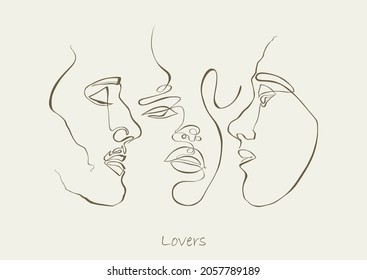 Threesome, love triangle. One line drawing. Continuous line. Sensual love