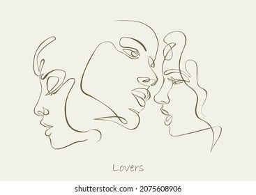 Threesome, love triangle. One line drawing. Continuous line. Sensual love