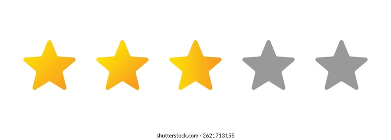 Sistema de classificação de três estrelas mostrando as cores amarela e cinza, ideal para conceitos de comentários, classificação ou revisão em interfaces da Web e de aplicativos