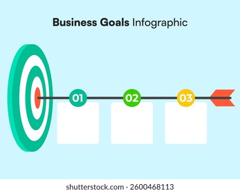 Three-Step Business Goal Infographic with Arrow Timeline and Circular Target on Light Blue Background