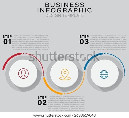 Three-Step Business Infographic Template with Colored Semi-Transparent Arcs,  Workflow Visualization, Strategy Guide, Process Diagram, Editable Vector, Presentation, Marketing