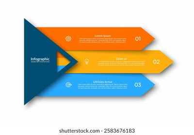 Three-step infographic with horizontal arrow-shaped sections that numbered and contains place for text block and icon. Suitable for business presentations, marketing materials, educational resources.