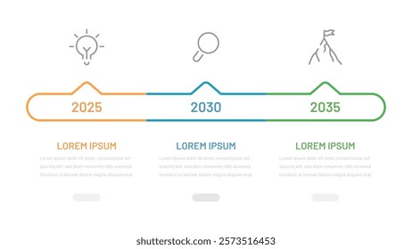 A three-step line process infographic reflecting the 3 stages of success. Timeline with editable icons