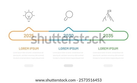A three-step line process infographic reflecting the 3 stages of success. Timeline with editable icons