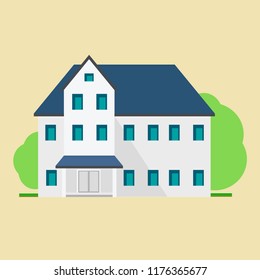 Three-storey house with an attic in the third floor. Vector illustration in a flat style.