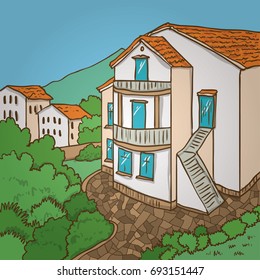 Three-storey house in a mountainous area. Mini hotel in the Balkans. Montenegro. Budva. Summer landscape. Hand drawn.