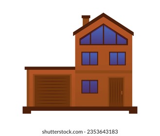 Three-storey wooden house with garage flat style, vector illustration isolated on white background. Decorative design element, real estate, residential building exterior