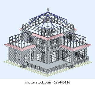 Three-storey wooden residential building with a glass-penthouse on the roof. Vector.