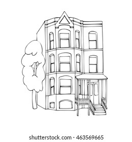 Three-storeyed house in Victorian style. Outline vector illustration.