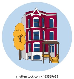 Three-storeyed house in Victorian style.Vector illustration.