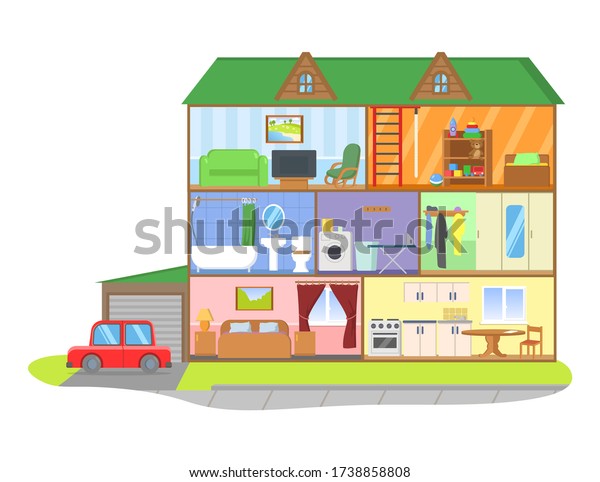 Threestorie House Model Cross Section Rooms Stock Vector (Royalty Free ...
