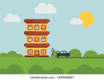 Three-storied house outside the city with a parking space and a car nearby. Couple of objects for your design.  Smooth colors, simple art, rounded objects.