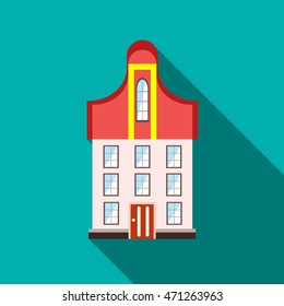 A three-story building icon in flat style with long shadow
