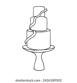 three-story cake decorated with a curved ribbon in doodle style. hand drawn drawing of minimalist cake with ribbon