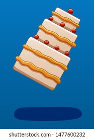 Three-story cream cake decorated with cherries soars in the air on a blue background in vector. There is shadow below it on the ground.