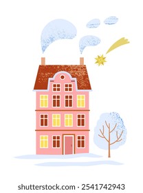 Three-story cute pink-colored house in old town with smoke from chimney, snow-covered tree in yard and Christmas star flying in sky. Vector illustration of family evening on Christmas Eve.