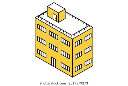 Three-story low-rise apartment building, isometric illustration with simple line drawings, Vector Illustration