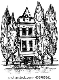 three-story mansion with a clock on the tower, surrounded by cypress trees, urban sketch, house in the park, hand drawn vector illustration by ink pen