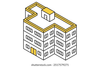 Three-story office building, simple line drawing isometric illustration, Vector Illustration