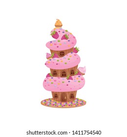 Three-story sweet home with pink cream. Vector illustration on white background.