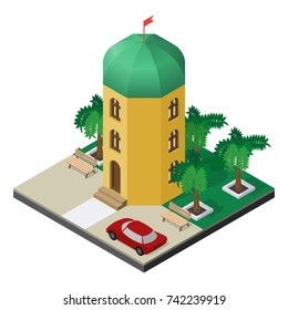 Three-story tower building with palm trees, benches and car in isometric view.