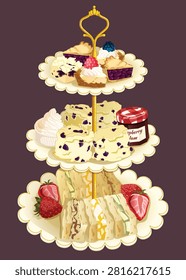 Three-tier afternoon tea tray illustration, featuring a top layer of mini pies and tarts with berries and cream, a middle layer of scones with clotted cream and raspberry jam, and a bottom layer of finger sandwiches with strawberries, traditional British high tea vector art isolated on a dark background