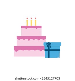 Threetier cake with candles and a blue gift box with a bow. 
