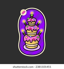 Three-tier cake with caramel, pink icing and bright candles on a purple background. Sticker in cartoon style. Vector illustration.